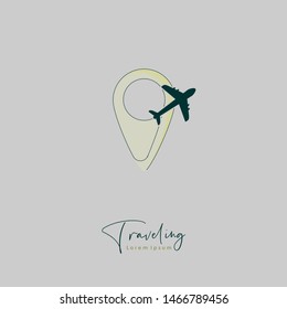 Minimalist Travel Logo for traveling agency with pin and flying plane