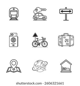 Minimalist Travel and Navigation Icons set. Simple Line Icons Representing Various Travel Modes and Destinations.