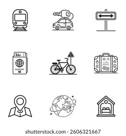 Minimalist Travel and Navigation Icons set. Simple Line Icons Representing Various Travel Modes and Destinations.