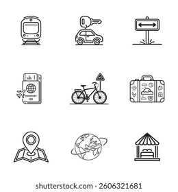 Minimalist Travel and Navigation Icons set. Simple Line Icons Representing Various Travel Modes and Destinations.