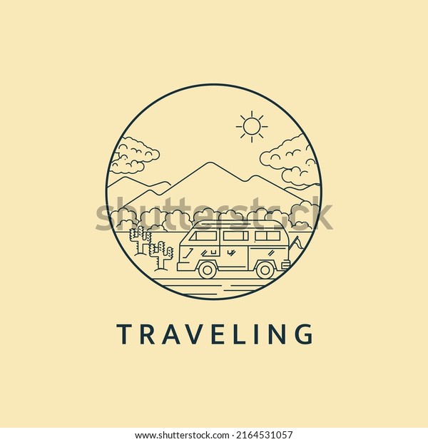 Minimalist traveling\
logo line art illustration template design with circle. Tour by car\
with beautiful\
views.