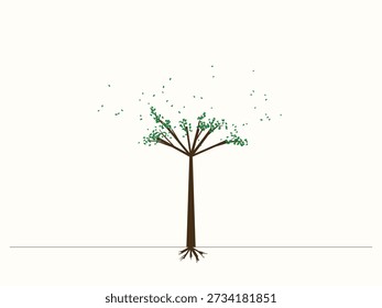 Diseño minimalista del árbol con las ramas abstractas y el follaje verde, aislado en un fondo blanco limpio, estilo moderno y artístico