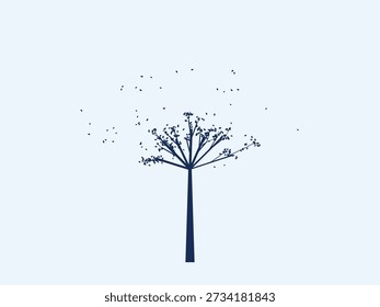 Design de árvore minimalista com ramos delicados e sementes dispersando em um estilo limpo e moderno, isolado em um fundo texturizado leve
