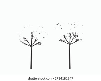 Minimalist tree design silhouette with delicate branches and subtle seed dispersal, isolated on clean white background, modern artistic style