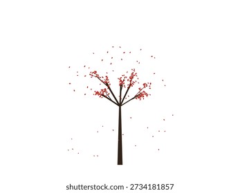 Minimalist tree design with vibrant red leaves falling in autumn, isolated on a clean white background, modern flat style