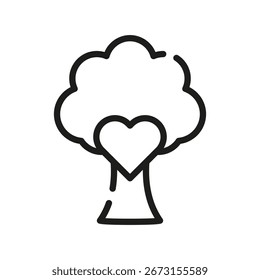 Árvore minimalista com tronco em forma de coração simbolizando amor pela natureza, consciência ecológica e cuidado ambiental. Arte em preto e branco.