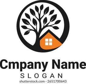 Minimalist tree and house logo in circular shape. Ideal for eco, organic, and real estate branding.