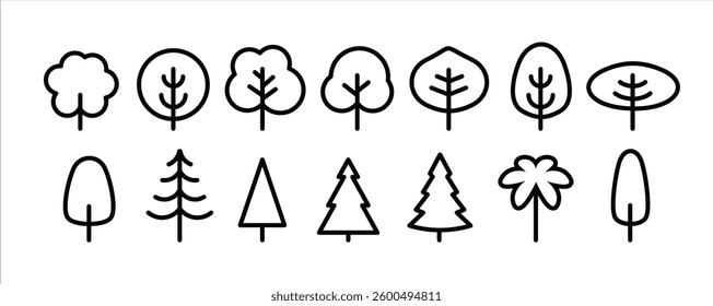 Minimalist tree icon set with different shapes. Simple linear design for eco friendly concepts, environmental graphics, branding, web design, and nature projects. Vector illustration