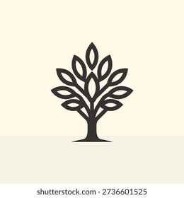 Icono de árbol minimalista con hojas negras estilizadas y tronco sobre fondo neutro claro
