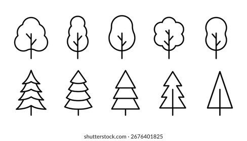Iconos de árbol minimalistas con varias Formas de árbol lineales