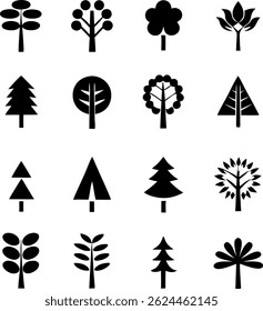Minimalist Tree Icons Set. Black Silhouette Nature Symbols for Eco and Design Projects.