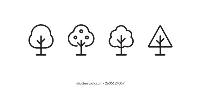 Ícones de árvore minimalistas: variedade de formas geométricas simples para design.