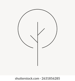 Minimalist tree illustration with simple lines. The tree design features a circular outline and straight branches. Minimalist art with a tree focus. Line art illustration vector.