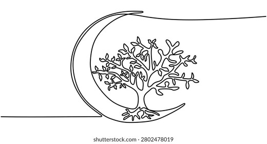 Minimalist Tree Inside Crescent Moon Continuous Line Art Hand Drawn