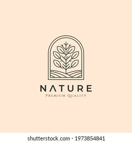 minimalist tree landscape logo vector symbol illustration design, line art nature logo design