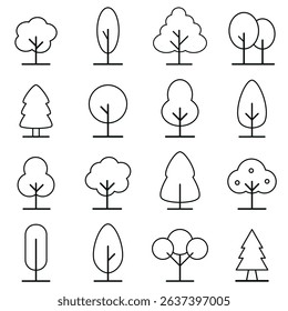 Minimalist Tree Line Art Collection With Monochrome Outline Icons in Varied Natural Shapes for Eco-Themed Projects and Clean UI Design