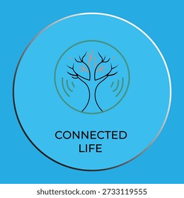 Logotipo minimalista del árbol en círculo azul con símbolos de comunicación inalámbrica