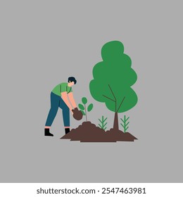 Minimalist Tree Planting Illustration - Go Green Theme Tree Plantation Vector for Sustainability Campaigns.