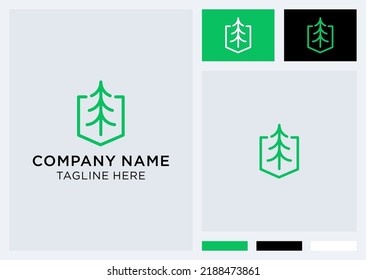 Minimalist Tree with Shield Line Logo, Abstract vector template