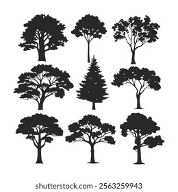 Minimalist Tree Silhouette Vector Art Set Ideal for Nature, Environment, and Landscape Designs