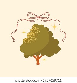Minimalist tree vector illustration with an elegant delicate ribbon bow and sparkling gold stars on a beige background; hand-drawn flat style design element for branding, logo, and greeting cards.