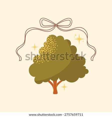 Minimalist tree vector illustration with an elegant delicate ribbon bow and sparkling gold stars on a beige background; hand-drawn flat style design element for branding, logo, and greeting cards.