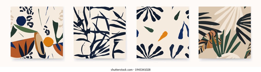 Minimalist trendy abstract pattern set with plants. Fashionable template for design. Modern style. 