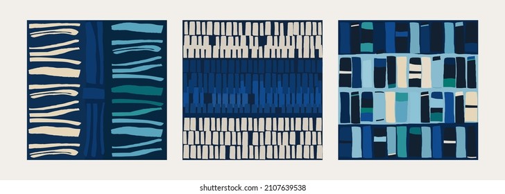 Minimalist trendy abstract print set in blue tones. Line and shapes art illustrations. Modern vector template for design.