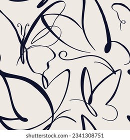 Minimalist trendy abstract seamless pattern. Line art black and white butterfly illustrations. Modern vector template for design.
