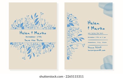 Minimalist trendy floral wedding invitation card design, watercolor blue line leafs, blooming drawing on beige paper.Stylish invitation vector