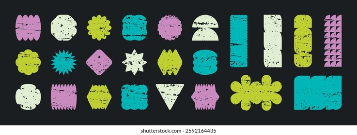 Minimalist trendy forms with distressed black texture. Brutalist geometric abstract shapes. Rough dark  grunge grainy texture. Vector noise. Grain noise particles. Vintage retro trendy illustration.
