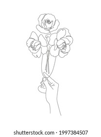 Minimalist trendy line art with hand holding a bouquet in wineglass. Glass full of blooming roses outline drawing for poster or card concept. Vector illustration
