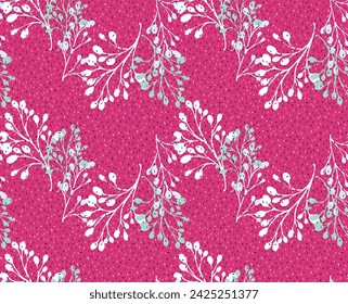 Minimalist trendy seamless pattern with silhouette contour branches and tiny drops, spots, snowflakes. Vector hand drawn. Shapes creative stems with polka dots patterned on a pink background.