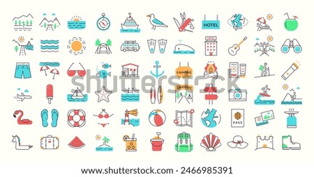 Minimalist trendy summer icons. Vector thin line graphic element illustrations with flat colors. Holiday and vacations, beach, mountain, objects, activities