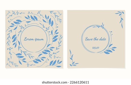 Minimalist trendy wedding invitation card design, watercolor blue line drawing on beige paper.Stylish invitation vector