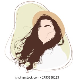 Minimalist Trendy Woman Portrait. Girl With A Curly Hair In A Straw Hat.  Vector Digital Illustration