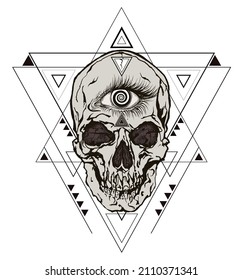 Minimalist triangle abstract geometric design with inside a skull with hypnotic masonic eye. Vector illustration in the style of modern tattoos.