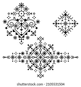 Minimalist tribal or neotribal line art vector patterns collection, geometric ornamental design set inspired by old Nordic Viking rune art. Monochrome ethnic single patterns with abstract shapes