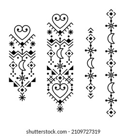 Minimalist tribal or neotribal line art vector long vertical patterns collection with moons and hearts, geometric ornamental design set inspired by old Nordic Viking rune art. Monochrome ethnic art