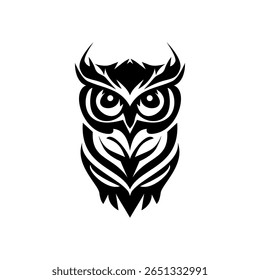 A minimalist tribal owl silhouette in dark black with sharp details and a modern style, perfect for logos, stickers or other graphic designs.