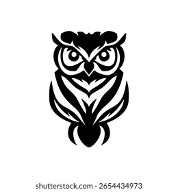 Minimalist, tribal-style vector design featuring an owl silhouette drawn with sharp lines and geometric shapes, ideal for a logo, tattoo or modern illustration.