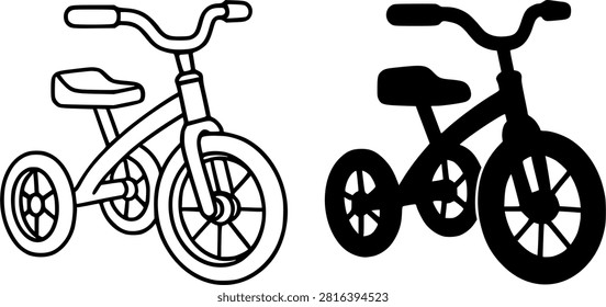 Minimalist tricycle icon in outline and solid (filled) style for UI UX app design