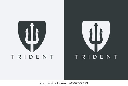 Minimalist trident and shield logo. Modern abstract trident and shield logo