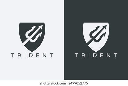 Minimalist trident and shield logo. Modern abstract trident and shield logo