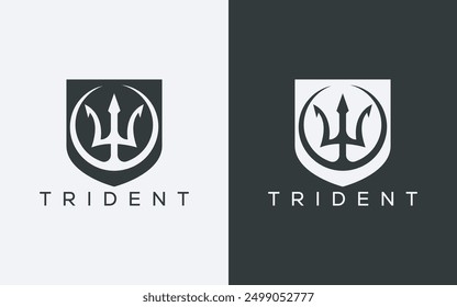 Minimalist trident and shield logo. Modern abstract trident and shield logo