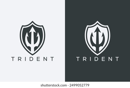 Minimalist trident and shield logo. Modern abstract trident and shield logo