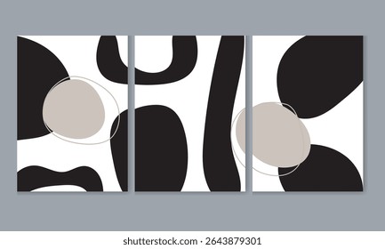 : A minimalist triptych artwork features a captivating interplay of black and beige circles on a crisp white background. The organic shapes create a visually striking and balanced composition.