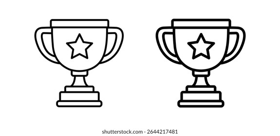 Ícones minimalistas da taça de troféu com símbolo de estrela contorno preto sobre fundo branco, ilustração vetorial para prêmio, realização, sucesso, competição e vitória