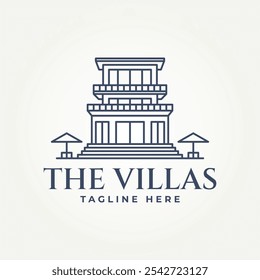 minimalista tropical praia casa villa linha arte ícone logotipo vetor ilustração design. hotel praia simples moderno, propriedade, resort logotipo conceito