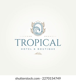 minimalist tropical beach ocean hotel boutique badge icon logo template vector illustration design. simple modern hotel, resort, villa emblem logo concept